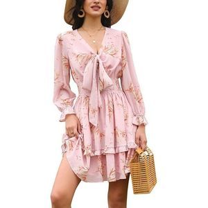 Pink Floral Tie Front Elastic Waist Tiered Ruffle Layer Mini Dress